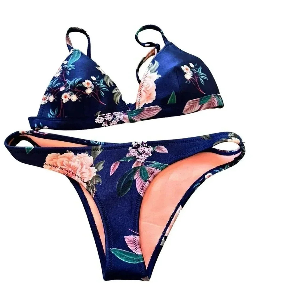Triangl Women's Blue Floral Print Swimwear Bikini Set Size Small